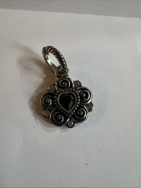Brighton Silver Floral Heart Pendant with Dark Green Center